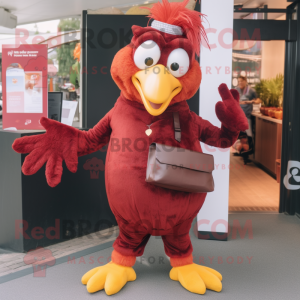 Maroon Butter Chicken mascot costume character dressed with a Trousers and Wallets