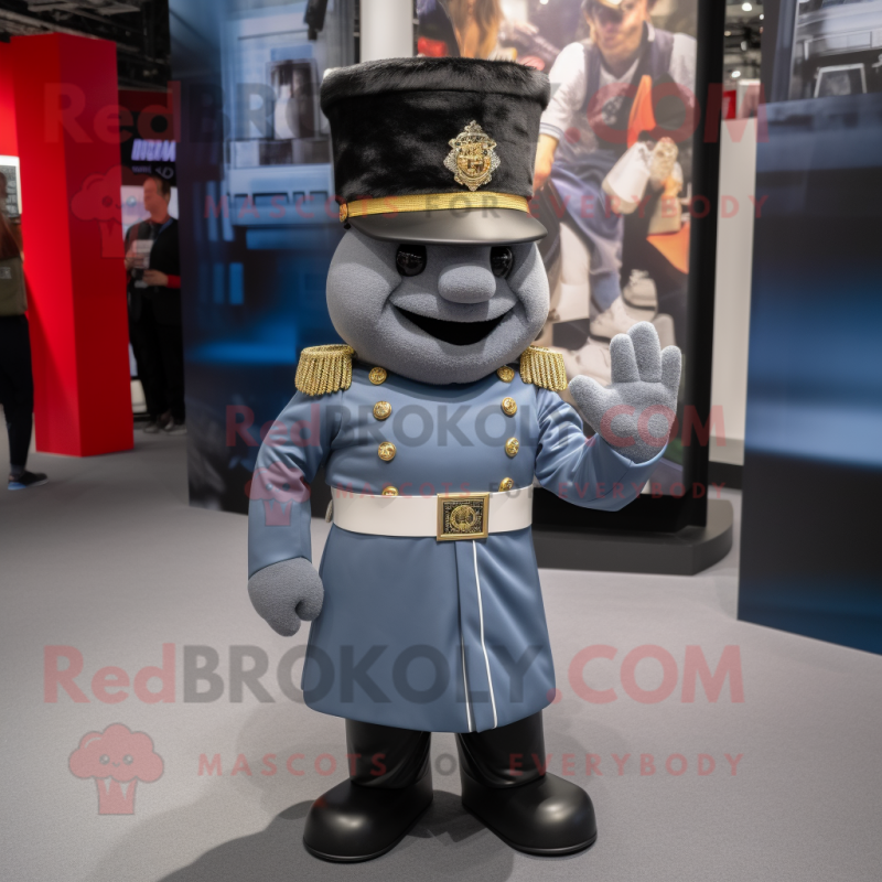 Gray British Royal Guard mascot costume character dressed with a Poplin Shirt and Beanies