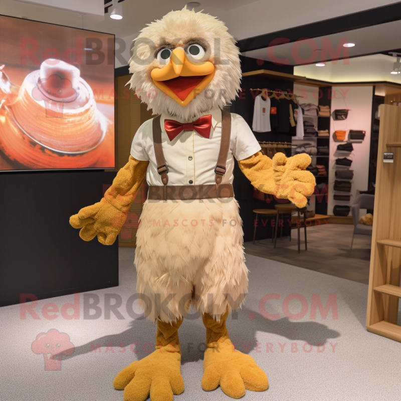 Tan Fried Chicken mascot costume character dressed with a Culottes and Suspenders