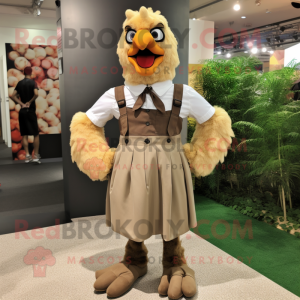 Tan Fried Chicken mascot costume character dressed with a Culottes and Suspenders