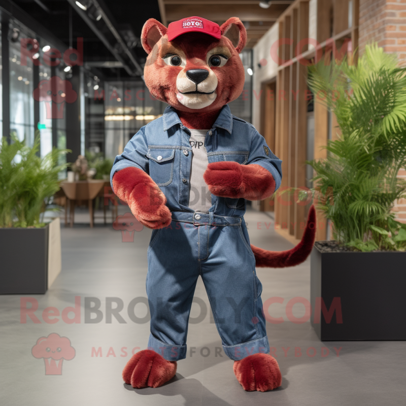 Maroon Puma mascot costume character dressed with a Denim Shirt and Belts