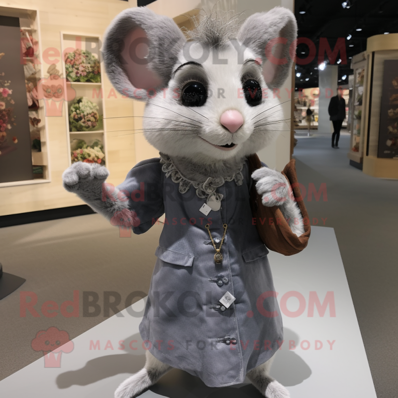 Gray Dormouse mascot costume character dressed with a Sheath Dress and Brooches
