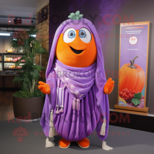 Lavender Mango mascot costume character dressed with a Wrap Skirt and Shawl pins