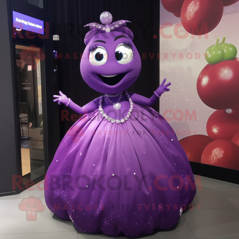 Purple Raspberry mascot costume character dressed with a Ball Gown and Earrings