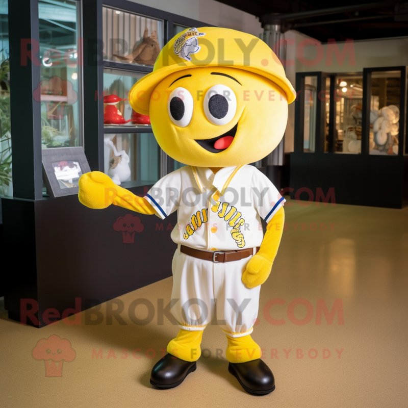 Yellow Baseball Ball mascot costume character dressed with a Polo Shirt and Bow ties