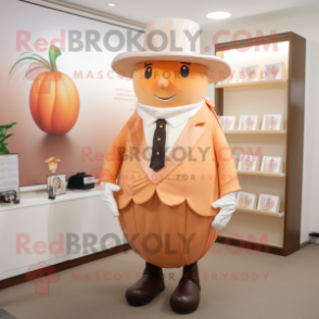 Peach Chocolates mascot costume character dressed with a Suit Pants and Hats