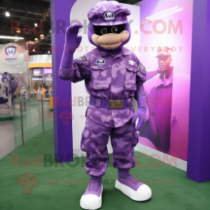 Purple Army Soldier mascot costume character dressed with a Baseball Tee and Bracelet watches