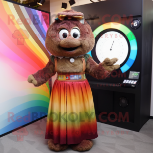 Brown Rainbow mascot costume character dressed with a Maxi Skirt and Digital watches