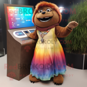 Brown Rainbow mascot costume character dressed with a Maxi Skirt and Digital watches