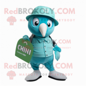 Cyan Kiwi mascot costume character dressed with a Chinos and Cummerbunds