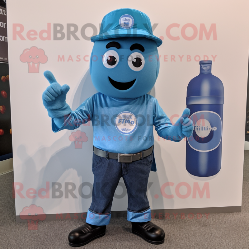 Blue Soda Can mascot costume character dressed with a Oxford Shirt and Bracelets