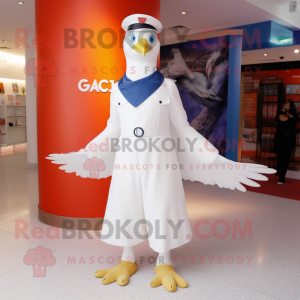 White Gull mascot costume character dressed with a Flare Jeans and Gloves