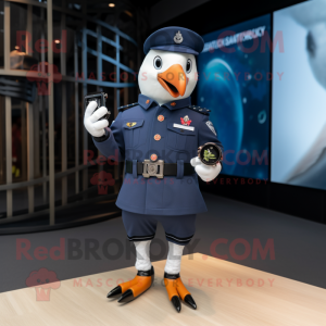 Navy Pigeon mascot costume character dressed with a Leggings and Smartwatches