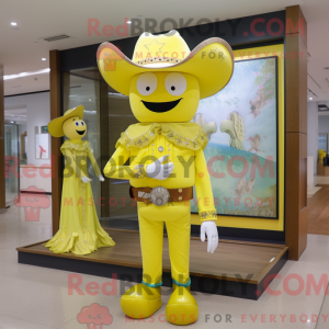 Maskotfigur af en citrongul...