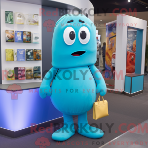 Maskotfigur af en cyan...