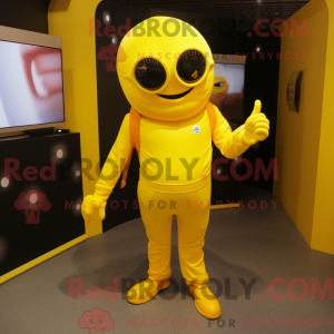 Maskot karaktär av en gul...