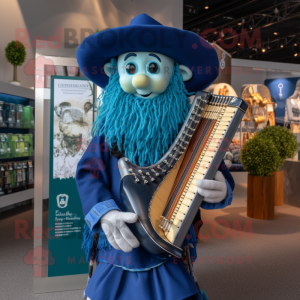 Blue Celtic Harp mascot costume character dressed with a Polo Tee and Hat pins