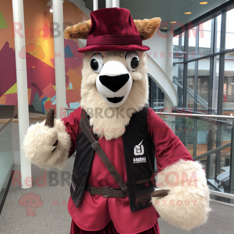 Maroon Llama mascot costume character dressed with a Windbreaker and Berets