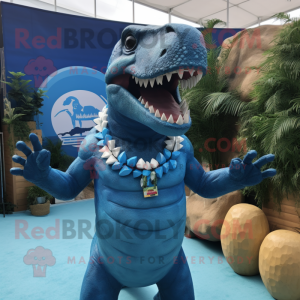Blue T Rex mascot costume character dressed with a Bikini and Bracelets