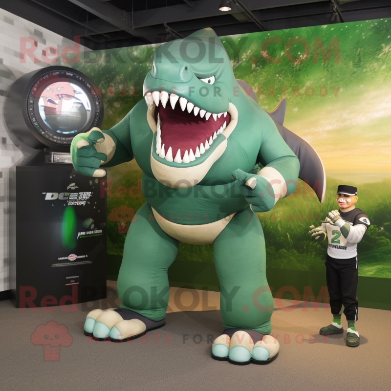 Green Megalodon mascot costume character dressed with a Rugby Shirt and Digital watches