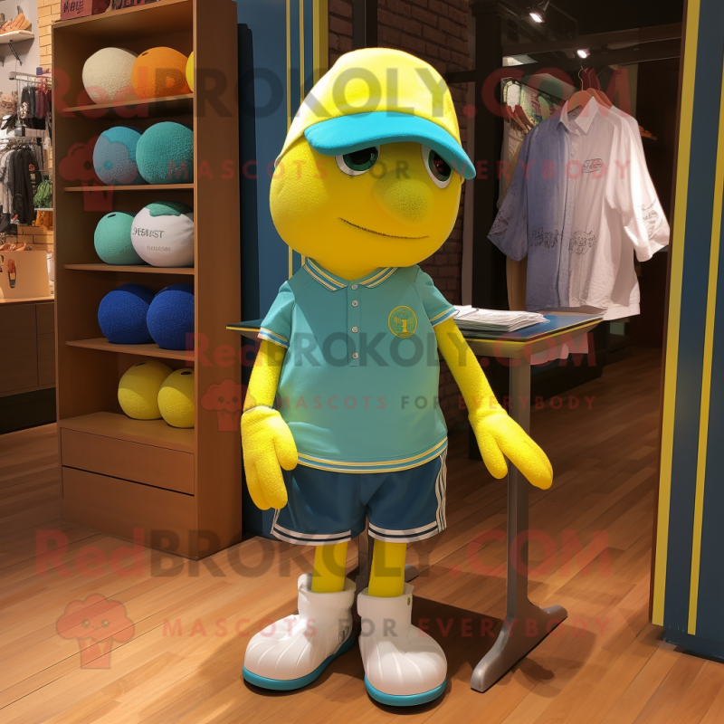 Teal Lemon mascot costume character dressed with a Shorts and Watches