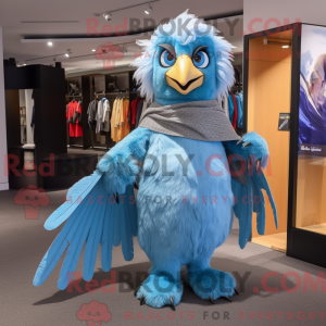 Maskotfigur af en himmelblå...