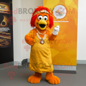 Orange Butter Chicken mascot costume character dressed with a Maxi Dress and Bracelets