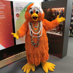 Orange Butter Chicken mascot costume character dressed with a Maxi Dress and Bracelets