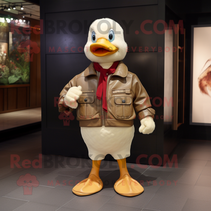 Beige Muscovy Duck mascot costume character dressed with a Leather Jacket and Pocket squares