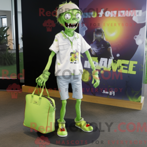 Maskotfigur af en limegrøn...