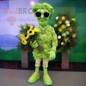 Lime Green Bouquet Of Flowers mascot costume character dressed with a Oxford Shirt and Sunglasses