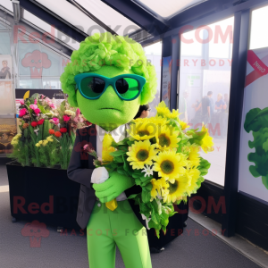 Lime Green Bouquet Of Flowers mascot costume character dressed with a Oxford Shirt and Sunglasses