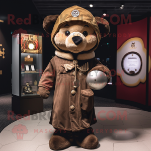 Brown Hourglass mascot costume character dressed with a Bomber Jacket and Shawl pins