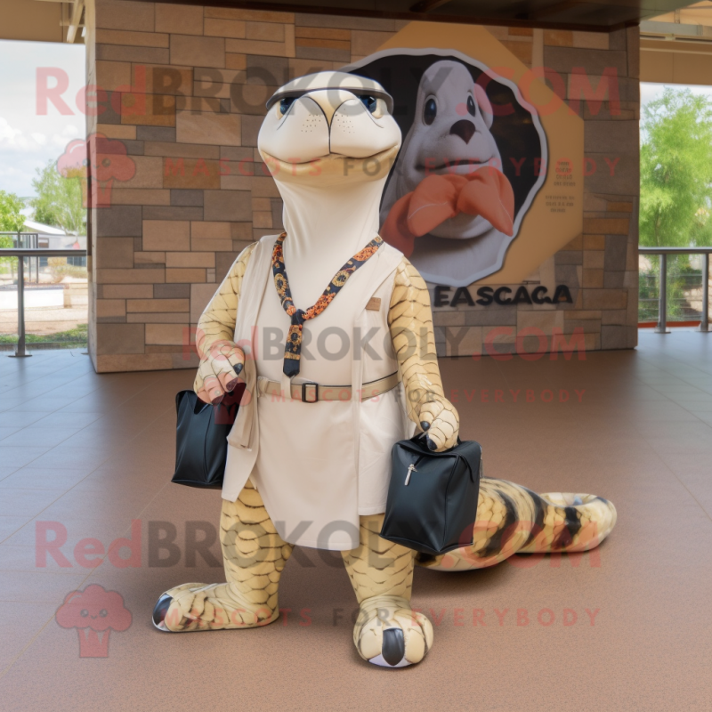 Cream Anaconda mascot costume character dressed with a A-Line Skirt and Messenger bags