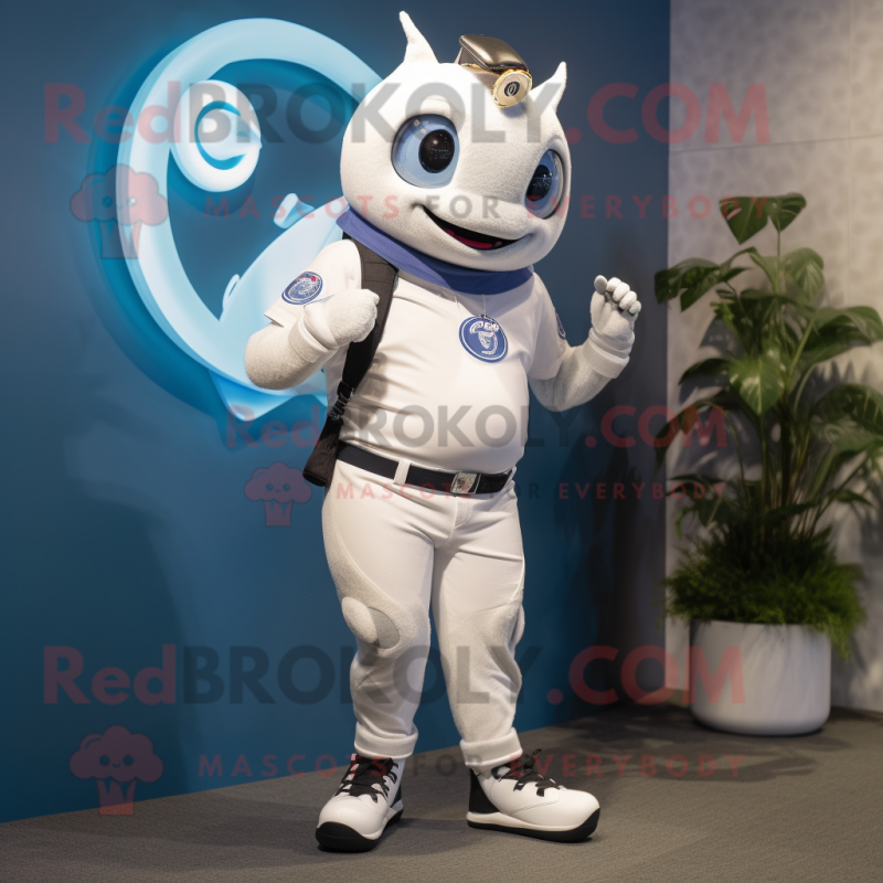 White Tuna Mascot Costume Character Dressed With A Flare Jeans And 