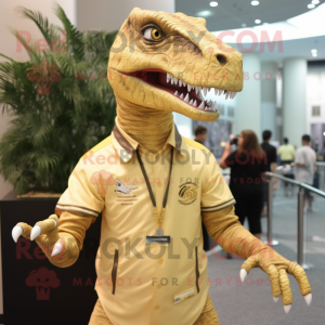 Gold Allosaurus mascot costume character dressed with a Henley Shirt and Hairpins