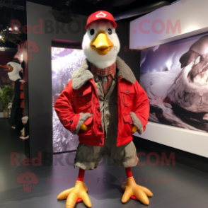 Red Muscovy Duck mascot costume character dressed with a Bomber Jacket and Scarves