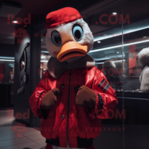 Red Muscovy Duck mascot costume character dressed with a Bomber Jacket and Scarves
