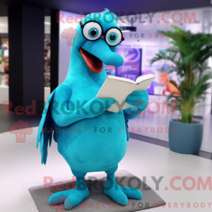 Maskotfigur af en cyan...