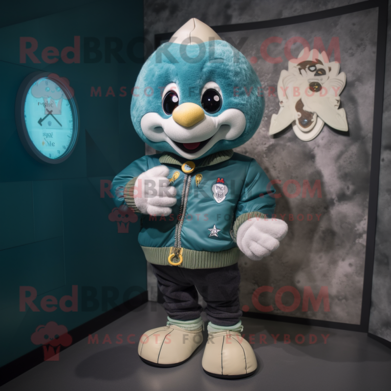 Teal Love Letter mascot costume character dressed with a Bomber Jacket and Digital watches