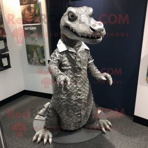 Silver Crocodile mascot costume character dressed with a Dress and Ties