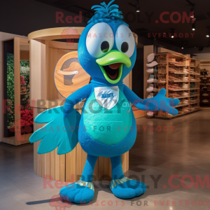 Maskotfigur af en cyan...