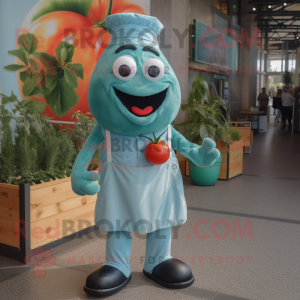 Teal Tomato mascot costume character dressed with a Dungarees and Bow ties