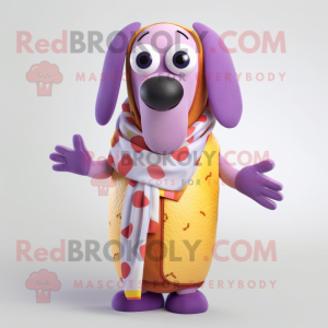 Lavender Hot Dog mascot costume character dressed with a Sweater and Wraps