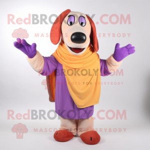 Lavender Hot Dog mascot costume character dressed with a Sweater and Wraps