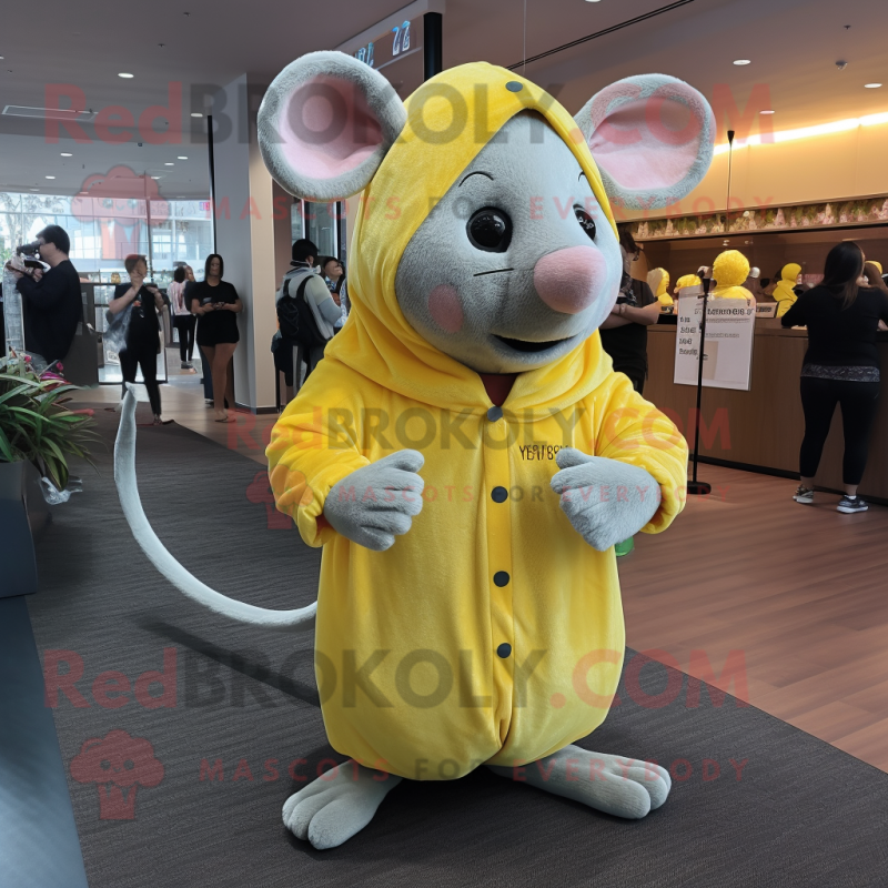 Lemon Yellow Rat mascot costume character dressed with a Cover-up and Mittens