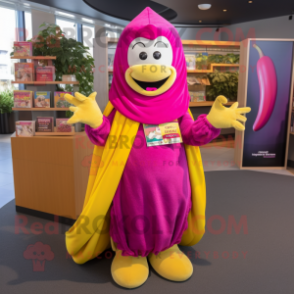 Magenta Banana mascot costume character dressed with a Dress and Shawls