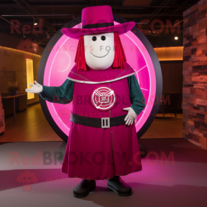 Magenta Celtic Shield mascot costume character dressed with a Cocktail Dress and Hat pins