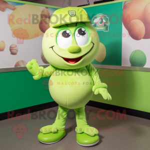 Lime Green Meatballs mascot costume character dressed with a Baseball Tee and Shoe clips