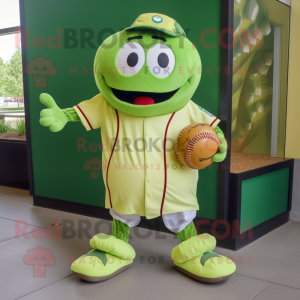 Lime Green Meatballs mascot costume character dressed with a Baseball Tee and Shoe clips